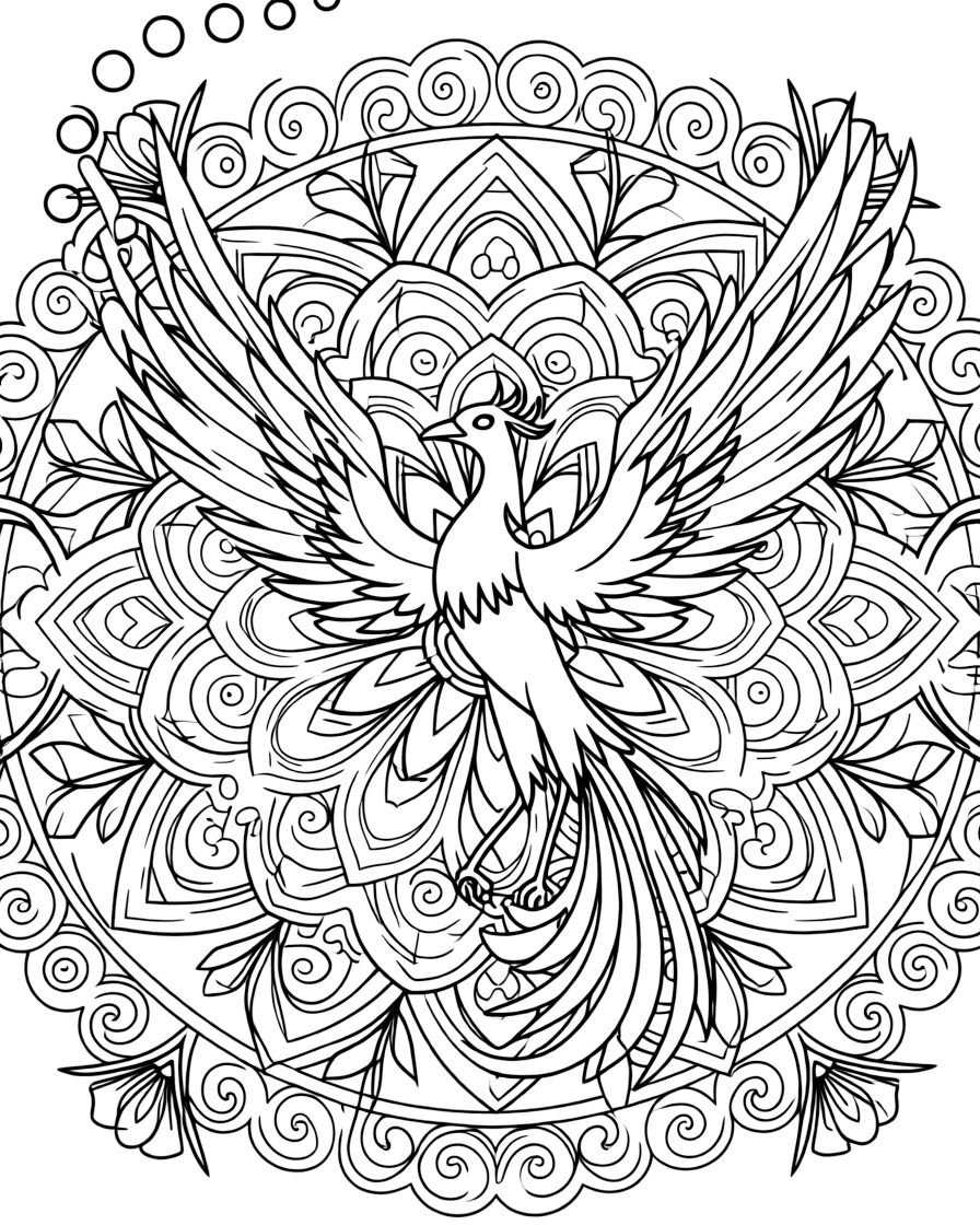 Mythical & Fantasy Creatures: The main subject is a phoenix rising with wings of layered flame-shaped feathers, drawn as the focal point of a layered rosette mandala with overlapping round petals. It is placed dead center, with the surrounding rings mirrored perfectly across every direction. Decorative details fill the surrounding space, including swirling vine tendrils, rows of curling wave shapes, and pinwheel blades spinning in place woven throughout the background. A playful extra touch completes the page: a cluster of small bubbles rising near one side of the page.