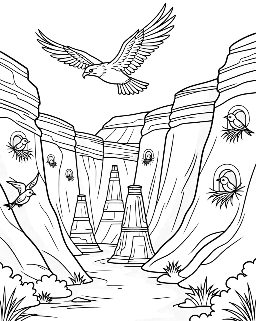 [Canyon Trails] A hawk circles high above a deep canyon carved with layers of orange and red rock. Swallows dart in and out of small holes in the canyon walls, building their nests. Ancient rock formations shaped like towers and arches rise from the canyon floor. Soft evening shadows stretch across the canyon floor as birds return to their nests.