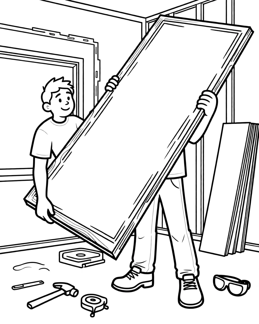 A drywall installer lifts a large panel into place inside a new room.