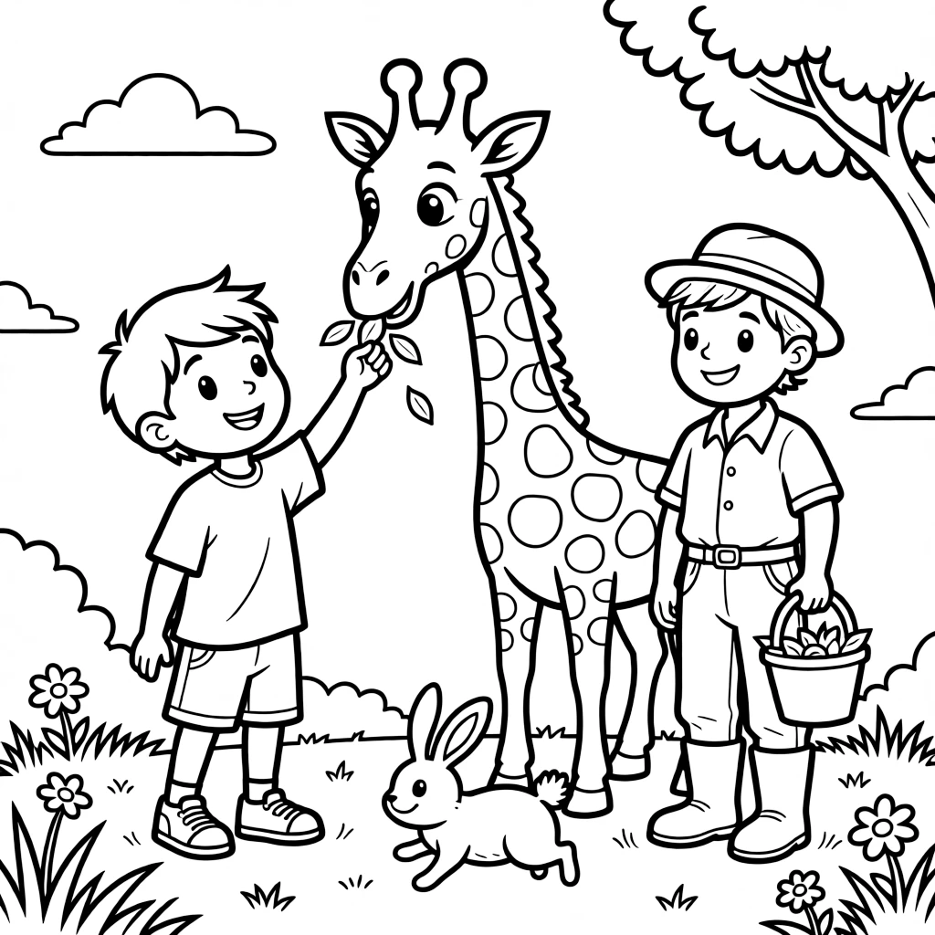 An energetic boy helping feed a giraffe with a zookeeper while a rabbit hops through the grass.