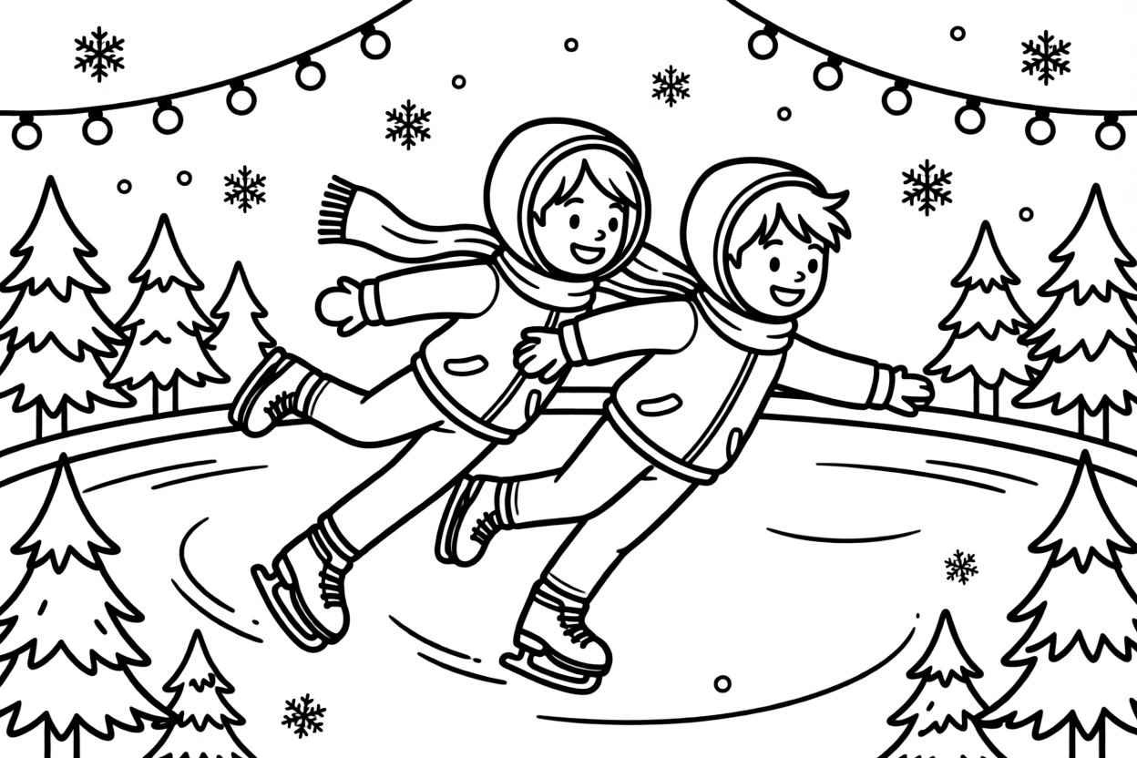 A pair of best friends, gliding backward in a smooth arc across a rink decorated with lights.