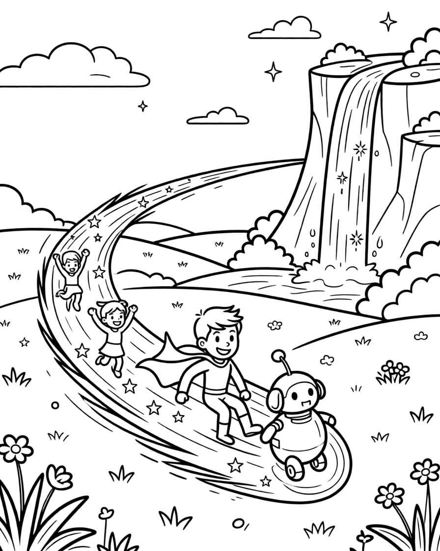 Professor Stardust, a bold light-bending superhero kid sledding down a comet's icy tail, in a meadow on a low-gravity moon where kids bounce instead of walk, with a robot dog wagging its antenna tail and a waterfall of sparkling light cascading down a cliff nearby.