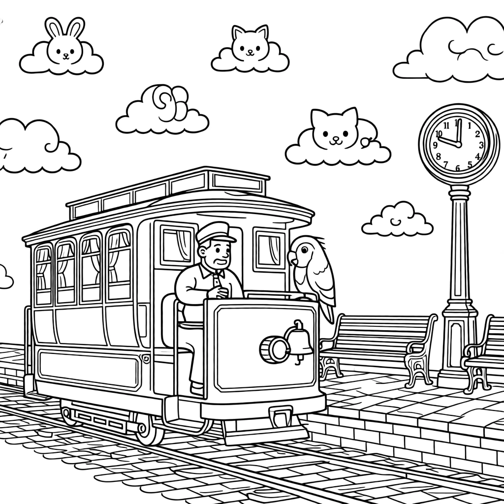This coloring page shows an old-fashioned trolley car clanging its bell down cobblestones making its way across a historic train station platform with a big round clock, accompanied by a parrot perched on the captain's shoulder, while fluffy clouds shaped like animals drifting overhead adds extra charm to the scene.
