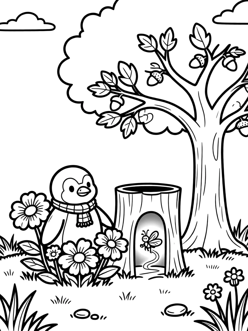 A chubby penguin playing hide and seek among the flowers with a firefly inside a hollow tree trunk, near a towering oak tree, as the sun sets in soft colors.