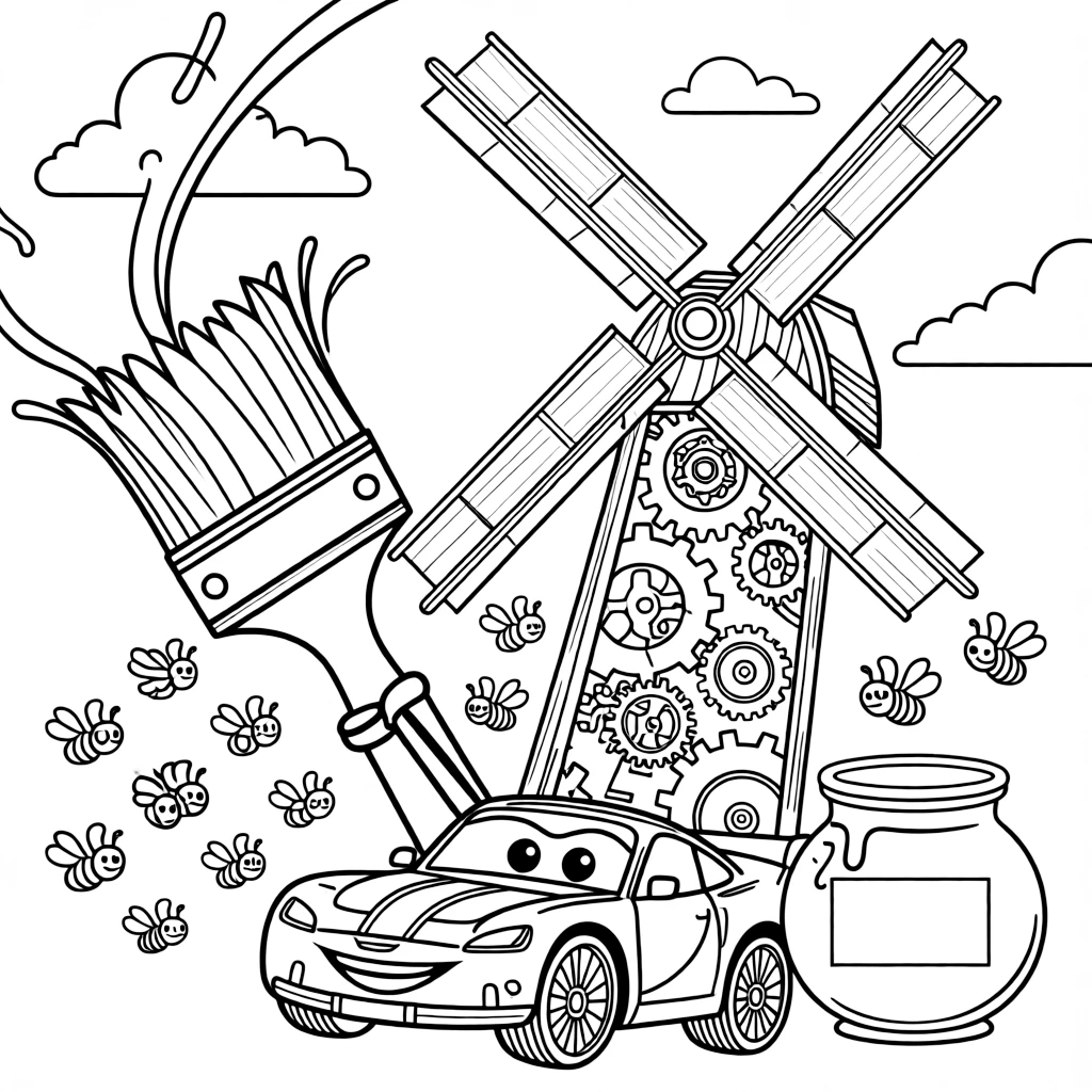 Brave and full of excitement, a race car with a grin spends the day painting the sky with a giant paintbrush inside a windmill full of spinning gears and gadgets. Nearby, a swarm of bees buzzing around a honey jar adds to the fun. It's a perfectly wonderful, magical moment.