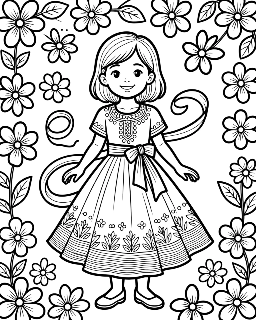 A coloring page from Uganda showing a child wearing a bright gomesi dress with a sash, posed for a festival photo with flowers and ribbons decorating the background.