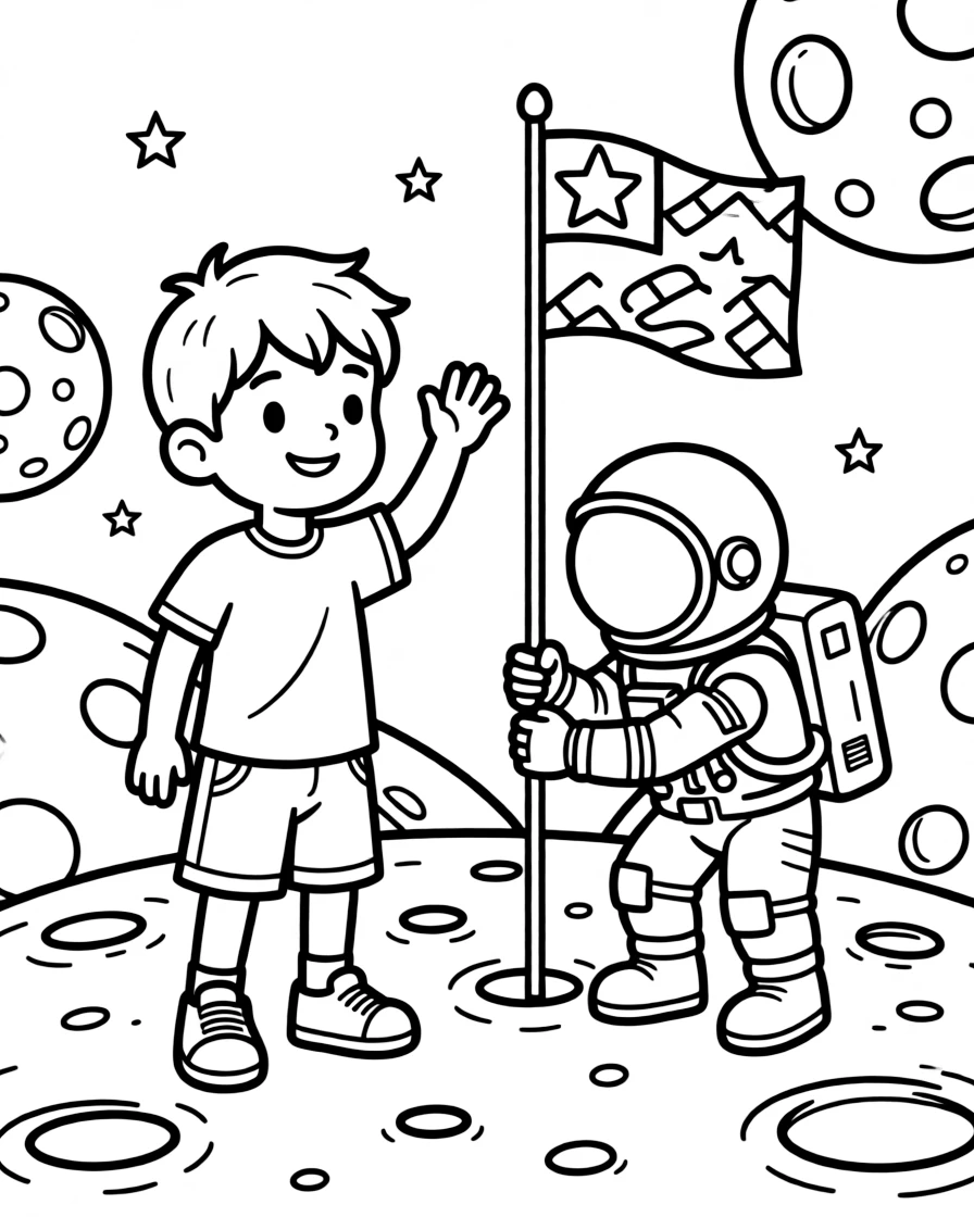 a thoughtful young boy waves to an astronaut friend planting a flag on a cratered moon surface.
