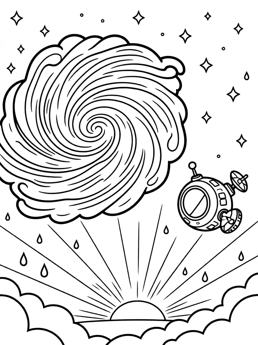 [Outer Space] a colorful nebula swirling in the distance drifting silently through the void beside a distant space station. In the background, distant stars twinkle like tiny diamonds, adding extra fun to explore. Soft light glows from distant stars. It all happens at sunrise, with a light drizzle just ending.