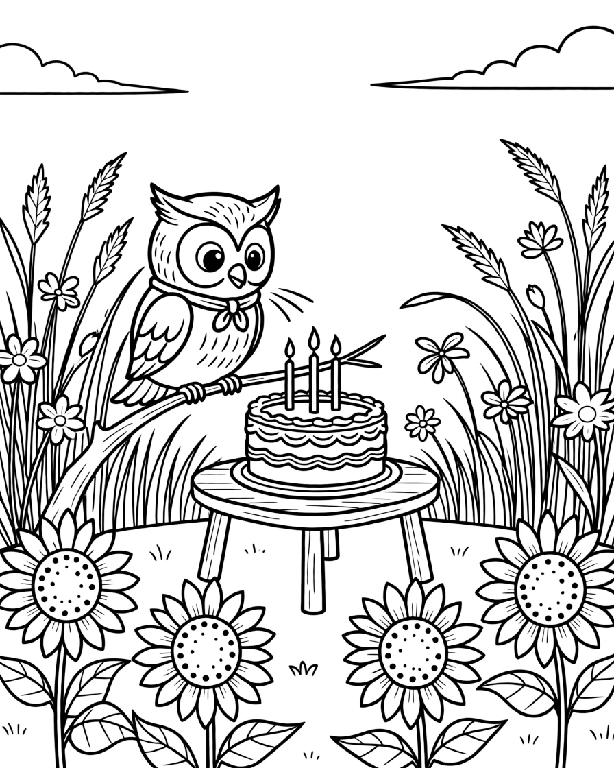 A wise little owl perched on a branch is blowing out candles on a beautifully frosted cake in a sunflower field at golden hour. In the background, a gentle breeze rippling through tall grass and wildflowers swaying gently in the wind complete the joyful scene.