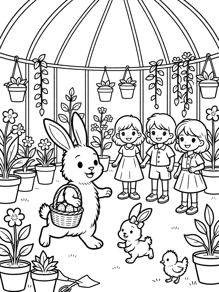 A fluffy bunny hopping with a basket of eggs in a greenhouse filled with budding plants, with a group of three friends playing close by amid a hopping bunny with a bow and a fuzzy baby chick.