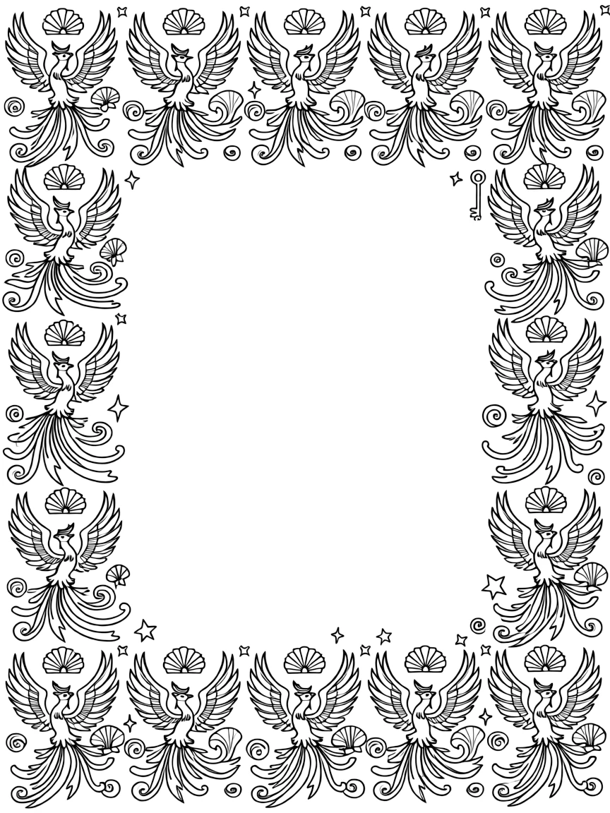 Mythical & Fantasy Creatures: The page centers on a repeating motif of a phoenix rising with wings of layered flame-shaped feathers, built around a crystal-facet mandala built from angular repeating shapes. The motif is shown marching in a repeating row all the way around the border of the page, framing an open medallion left blank in the center. Decorative details fill the surrounding space, including tightly coiled spiral shells, fan-shaped feather clusters, and tiny pinwheel stars woven throughout the background. A playful extra touch completes the page: a small key shape tucked discreetly among the pattern details.
