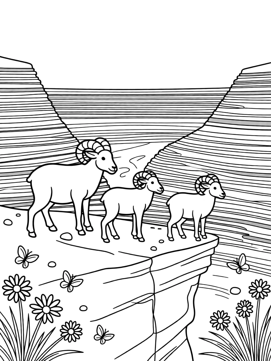 [Canyon Trails] A family of bighorn sheep climbs confidently along a narrow ledge above the canyon floor. Butterflies drift along the canyon rim near a patch of hardy desert blooms. Layers of red, orange, and gold rock rise in dramatic stripes along the canyon walls. A warm breeze drifts through the canyon beneath a wide, clear blue sky.