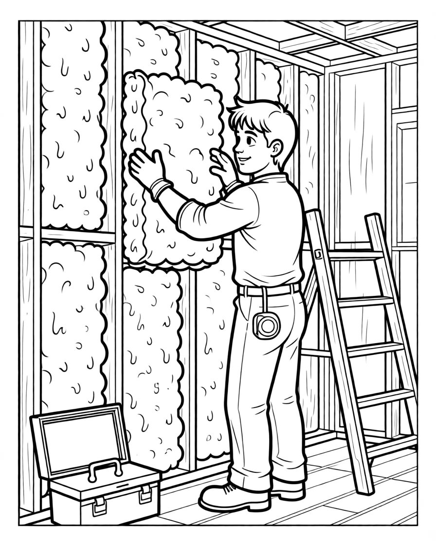 An insulation worker fills the walls of a house with fluffy pink insulation.