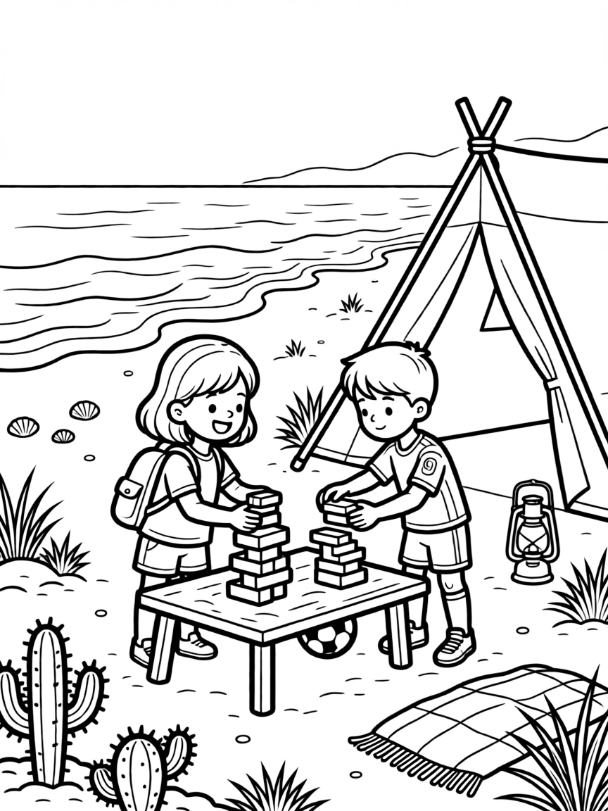 A girl with a backpack stacking wooden blocks with a buddy from the soccer team at a desert campsite as waves gently lap the shore.
