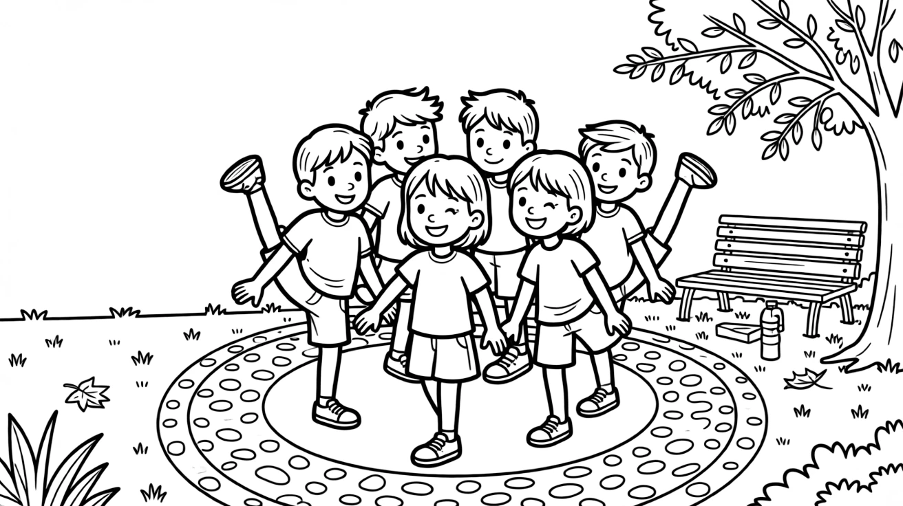 A team of neighborhood kids, practicing a spiral position with one leg raised high behind them.
