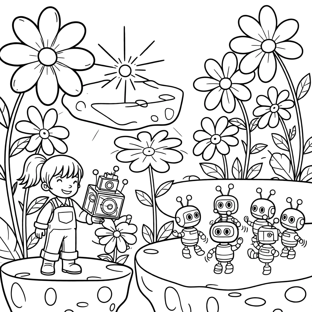 In an asteroid belt mining outpost with floating rock platforms, inventor kid Skye testing a mini weather machine teaching baby robots their first dance moves at a robot school, while a garden of oversized glowing flowers adds to the excitement.