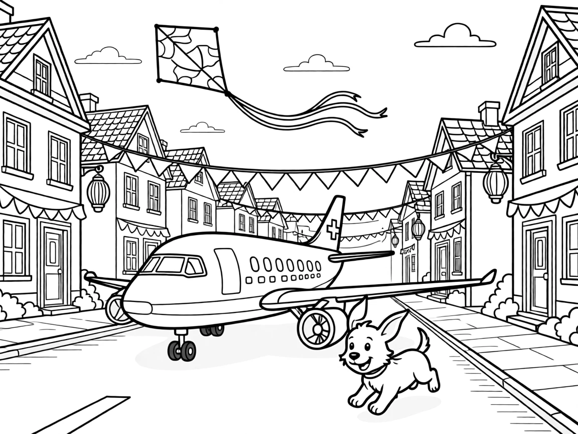 A big, friendly a medical evacuation plane with a red cross on its tail rolls through a neighborhood street decorated for a holiday parade, with an excited puppy chasing along the road enjoying the ride and a kite dancing in the breeze above adding a playful touch.