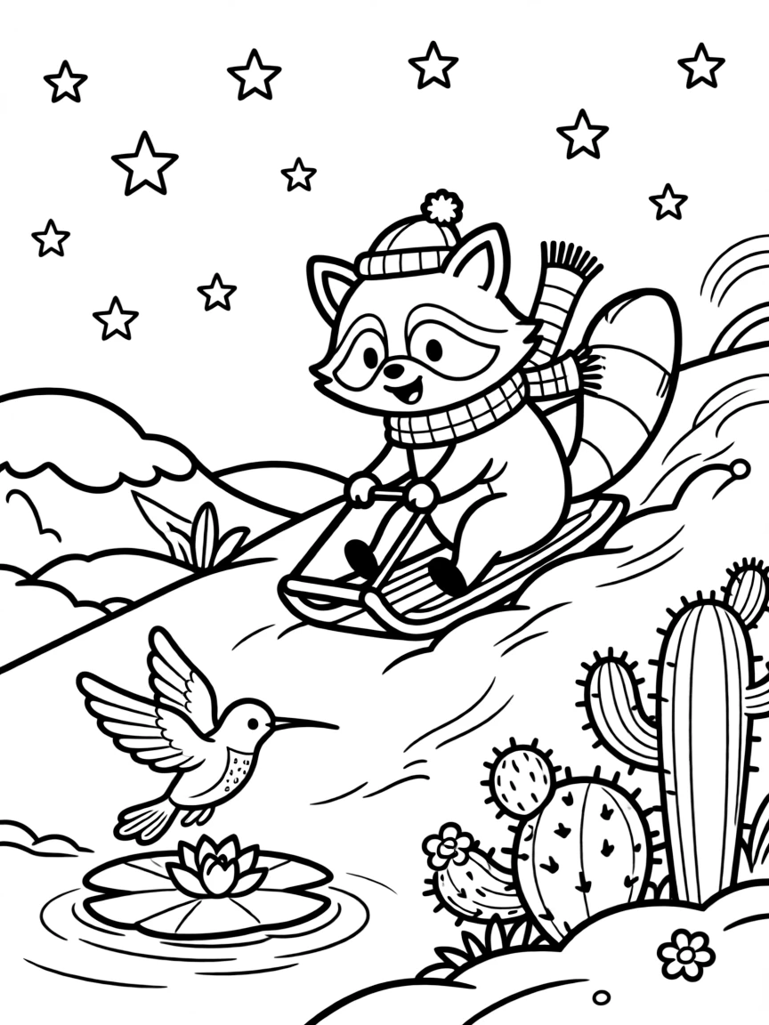 A raccoon sledding down a snowy hill with a hummingbird on a floating lily raft, near a cactus garden, as stars begin to twinkle above.