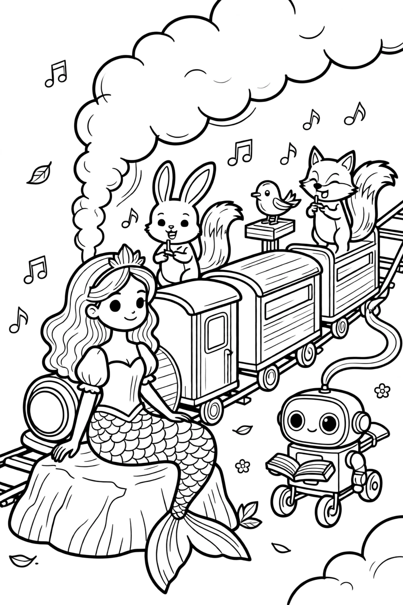 A fluffy mermaid princess takes a break from adventures to try conducting a choir of singing woodland animals on a train chugging through fluffy clouds, with a tiny robot rolling along on training wheels close behind. A gentle breeze carries the sound of joyful laughter.