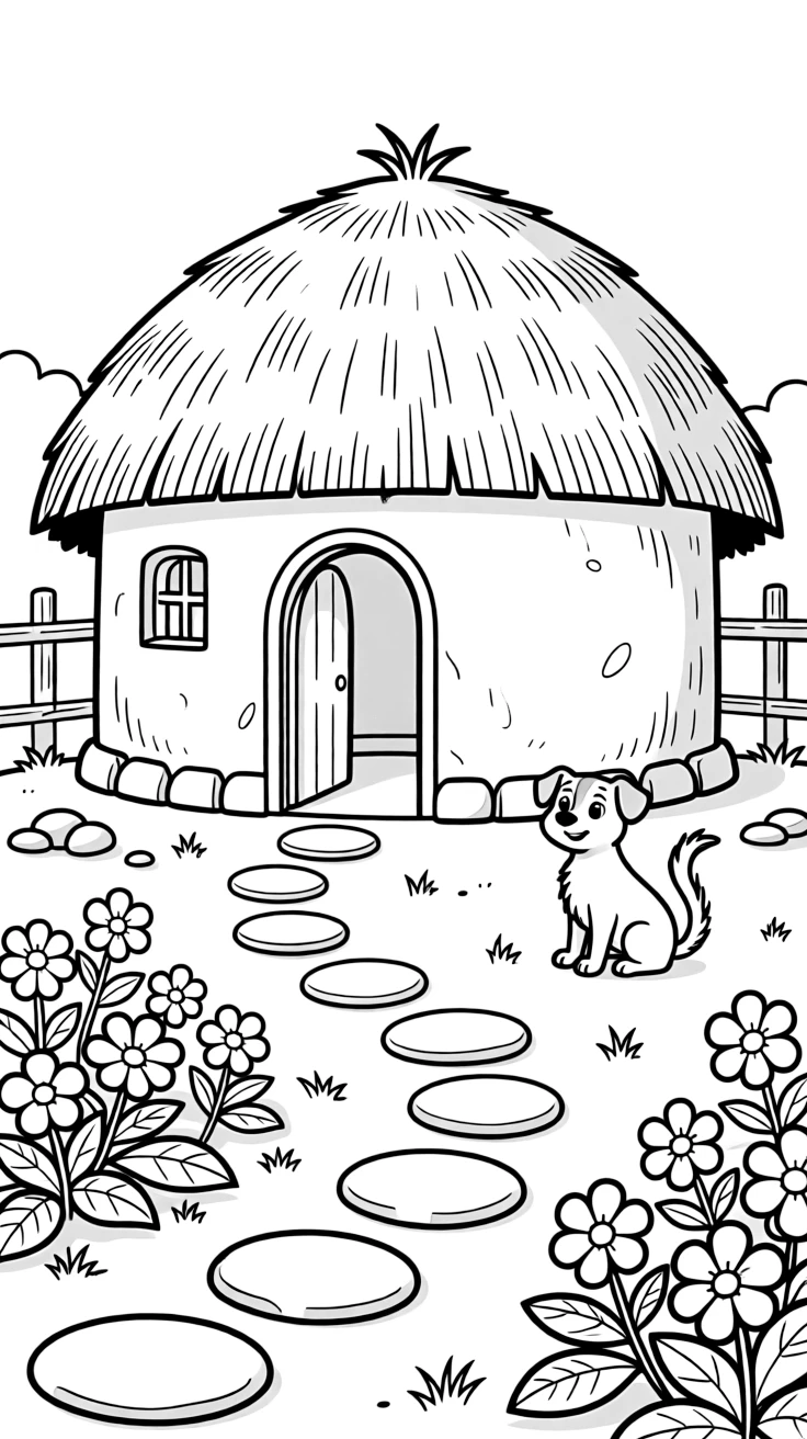 A coloring page of a charming home scene in Uganda showing a round grass-thatched hut in a village compound, with a garden path, a small pet, and flowers growing along the walls.