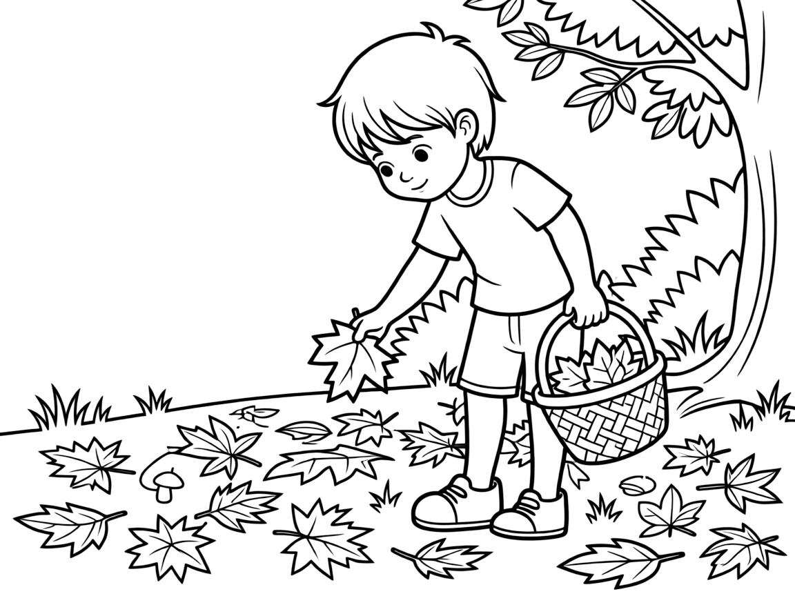 a thoughtful little boy collects fallen leaves of different shapes and colors in a woven basket.