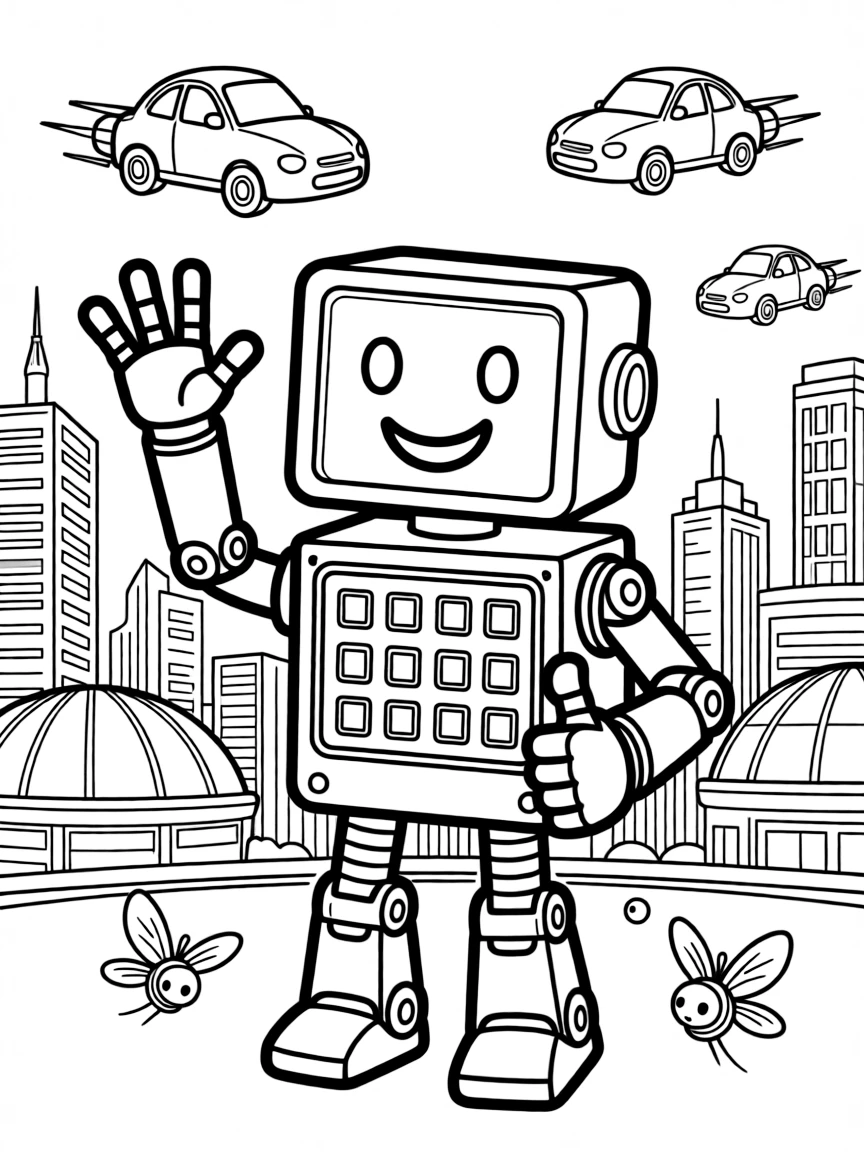 [Robots] A dynamic scene shows a friendly boxy robot waving hello with a mechanical arm in a futuristic city, giving a confident thumbs-up. Close by, flying cars zoom past in the background. Glowing buttons line its chest panel. The moment unfolds at high noon, with fireflies beginning to glow, filled with energetic detail perfect for a young colorist.