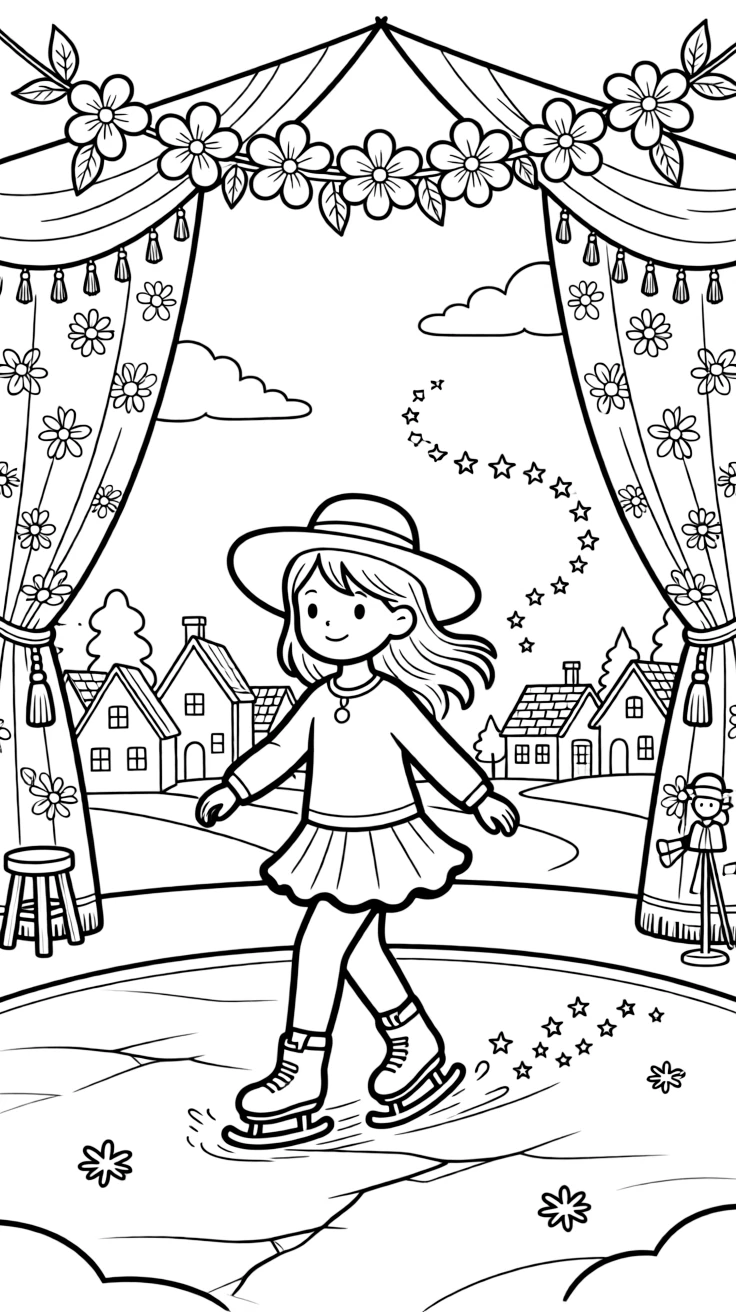 A girl in a wide sunhat is skating gracefully across the ice inside a puppet theater with a painted backdrop. Nearby, a trail of glittering fairy dust and a garland of paper flowers strung overhead make the scene feel magical.