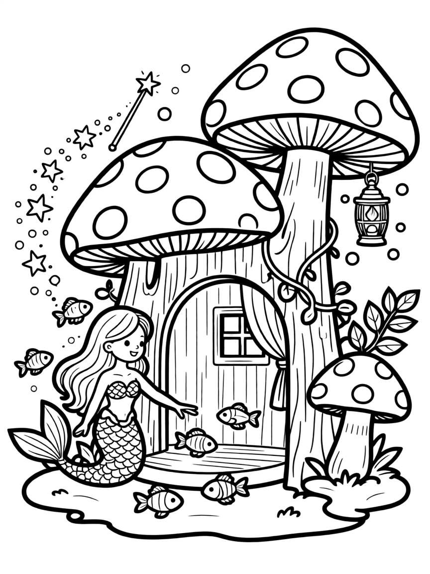 A close-up of a mermaid greeting a school of colorful fish inside a cozy treehouse built among giant mushrooms, surrounded by a magic wand leaving a sparkle trail and a glowing firefly lantern.