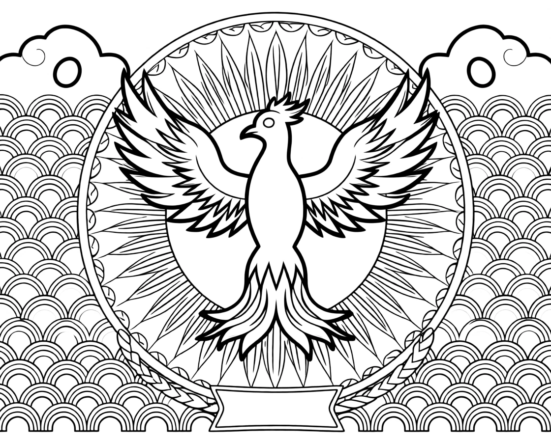 Mythical & Fantasy Creatures: The page presents a small themed scene built around a phoenix rising with wings of layered flame-shaped feathers, tied together by a sunburst mandala with rays spreading evenly outward. The scene is placed in the center of a small symmetrical scene, with matching background details balanced evenly on both sides. Decorative details fill the surrounding space, including rounded puffy cloud shapes, rows of scalloped fan shapes, and bands of braided rope shapes woven throughout the background. A playful extra touch completes the page: a little blank banner tucked into the design, ready for a name to be added.