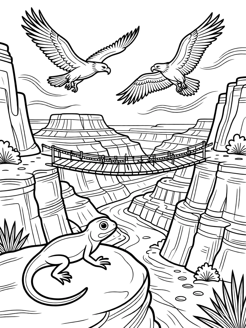 [Canyon Trails] A curious lizard suns itself on a warm rock overlooking a dramatic canyon vista. A pair of eagles soars above the canyon, riding the warm rising air currents. A narrow wooden bridge crosses a rocky gap between two towering canyon walls. A warm breeze drifts through the canyon beneath a wide, clear blue sky.