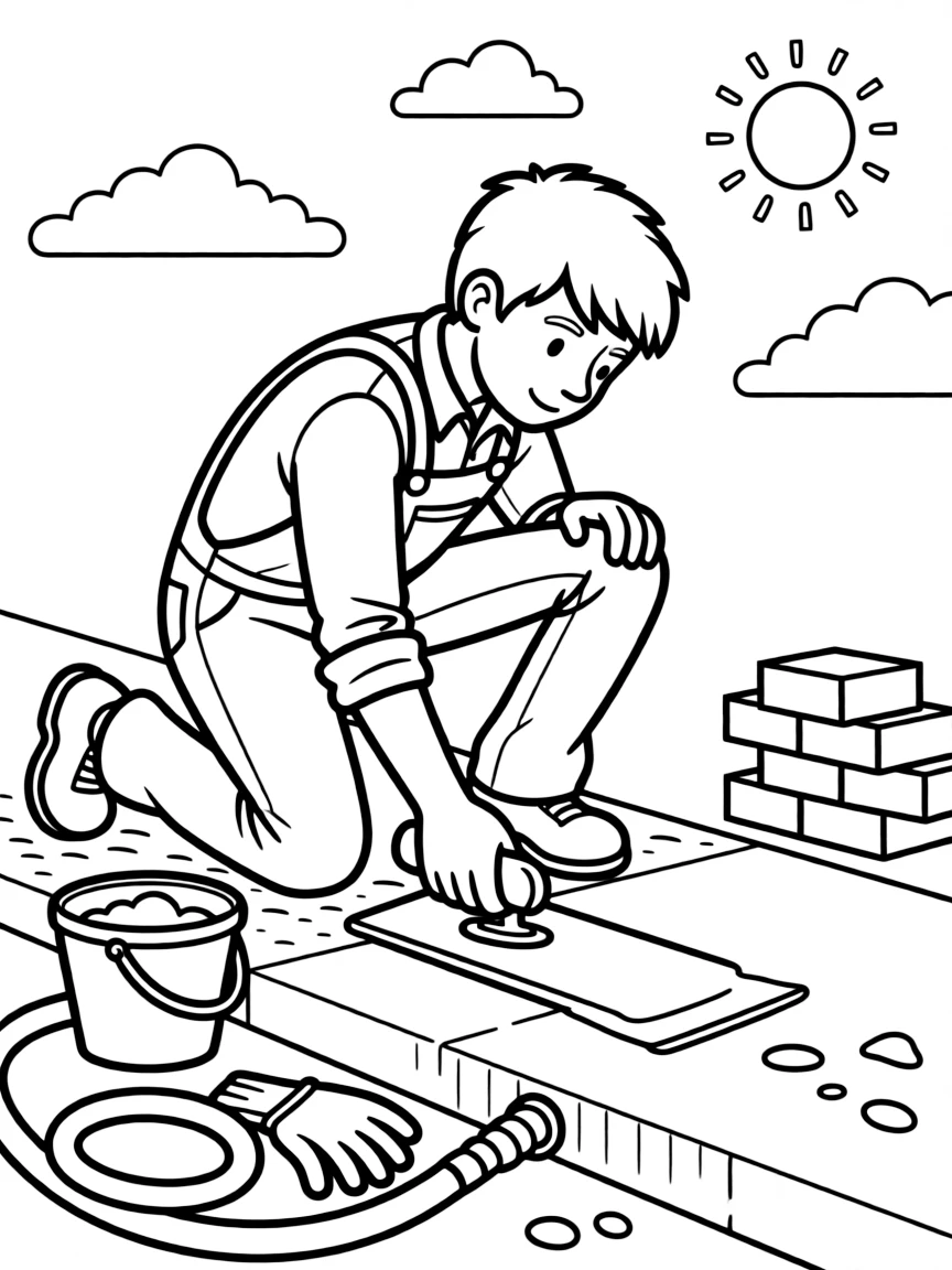 A cement mason smooths a fresh sidewalk with a flat trowel.