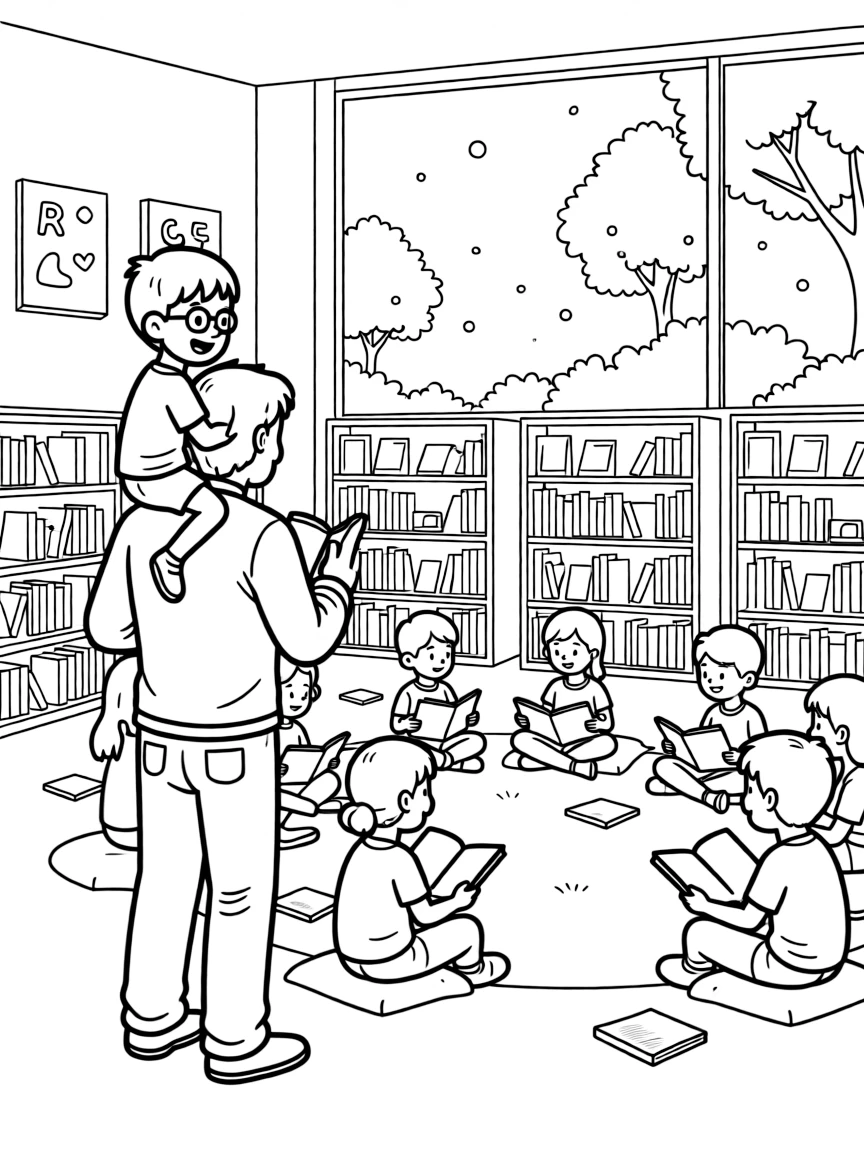 A boy with glasses riding on a parent's shoulders to see over the crowd at a library reading circle with fireflies glowing at dusk.