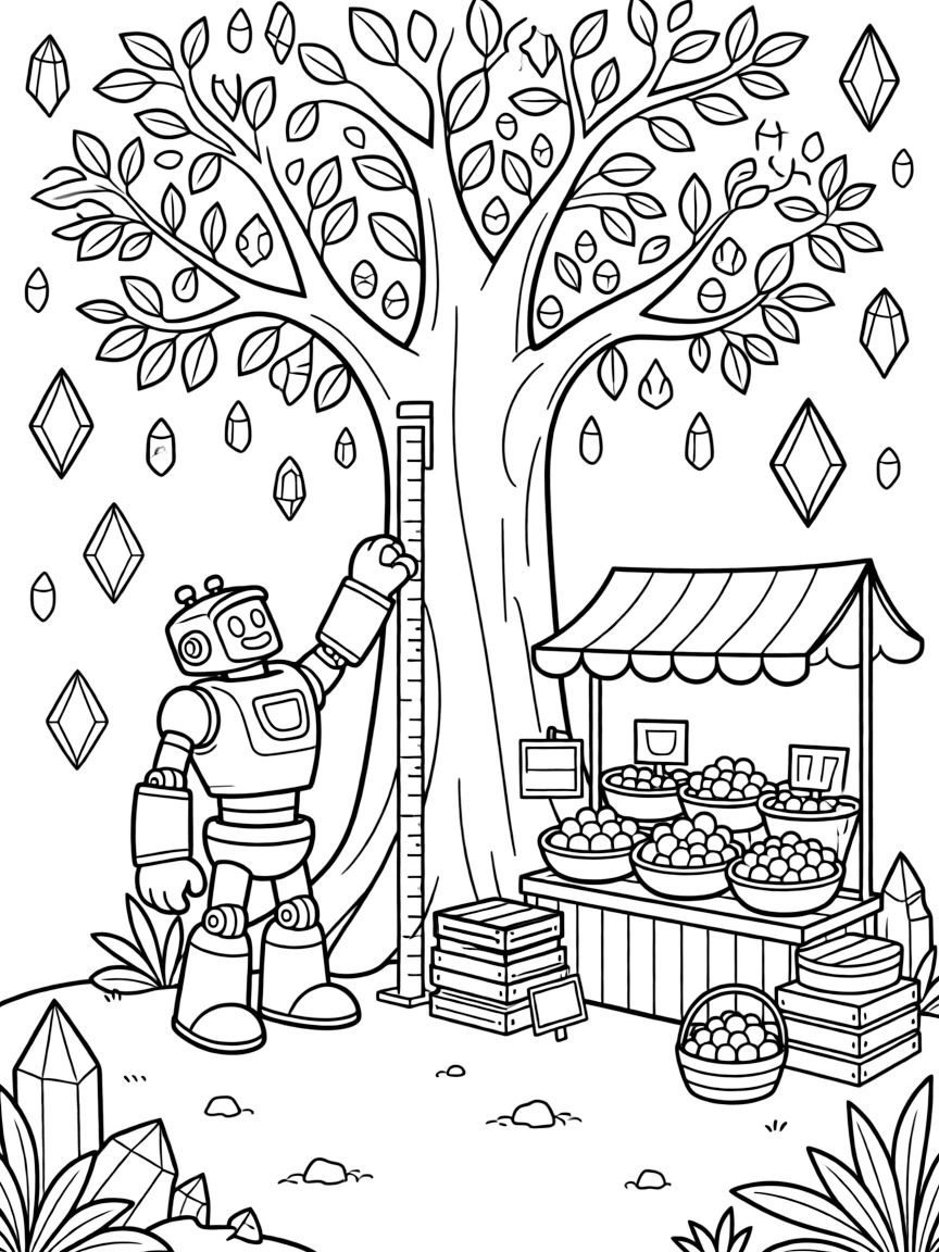 In a crystal cave glittering with rainbow-colored gems, Clank, a friendly giant robot measuring the height of a giant crystal tree for a science project, while a busy market stall selling glowing fruit adds to the excitement.