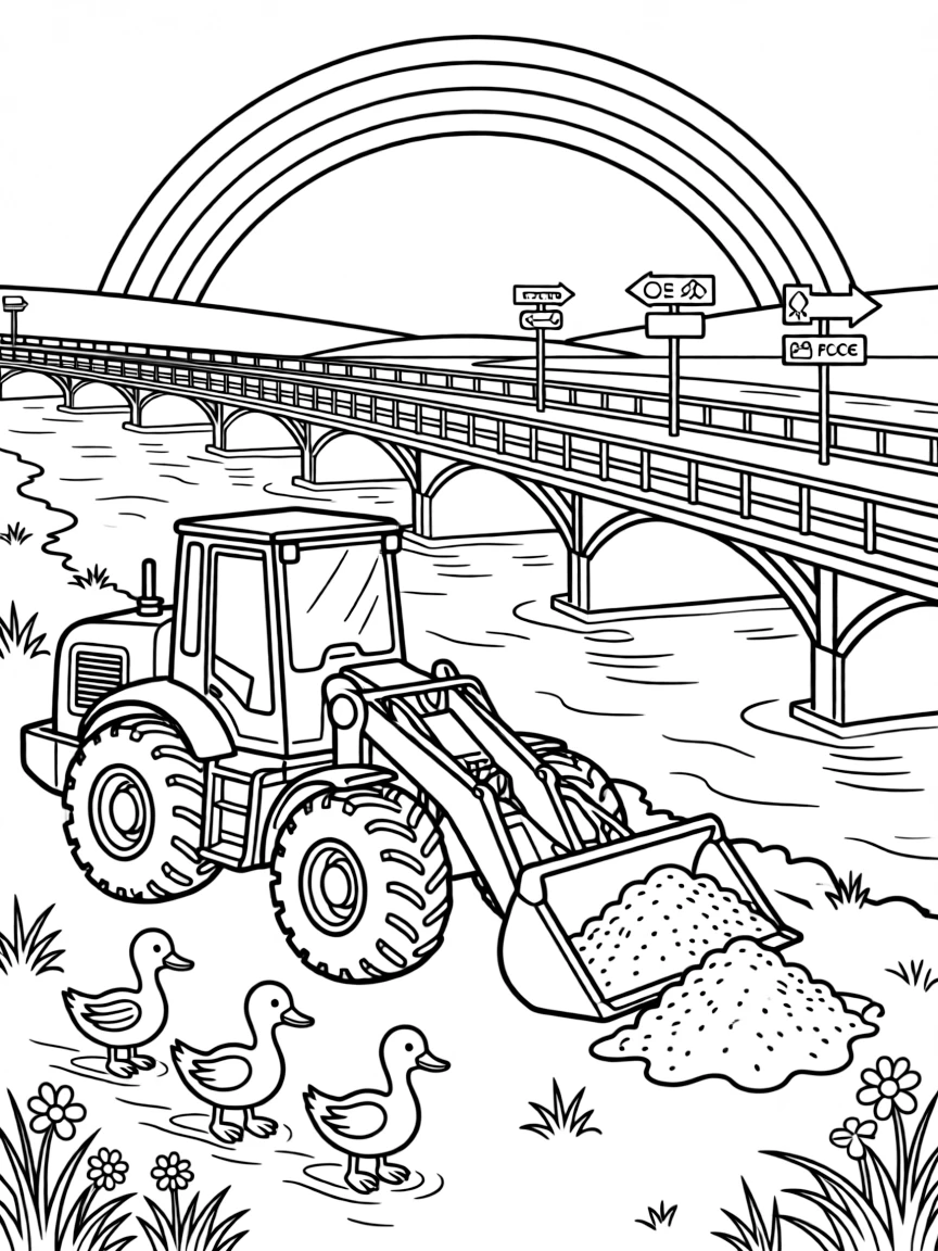 This page centers on a bucket loader scooping up piles of sand exploring a long bridge stretching over a sparkling river, featuring a family of ducks waddling alongside and little extras like road signs pointing toward fun destinations and a rainbow arching across the sky.