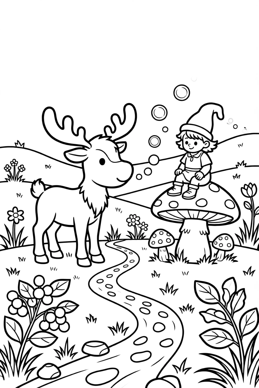 A moose calf blowing bubbles with a mushroom-riding gnome pet on a mountaintop meadow, near a berry bush, with a trail of tiny footprints in the mud.