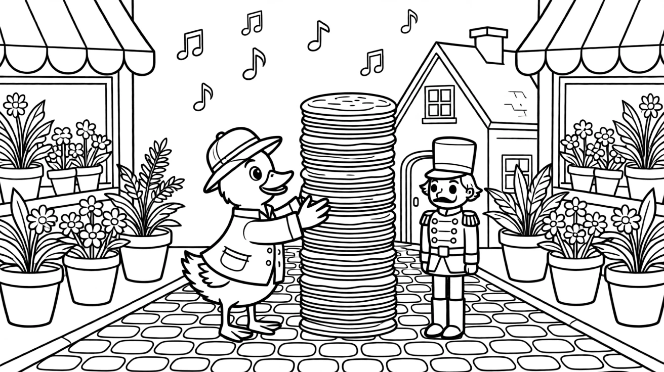 A playful duckling explorer is stacking pancakes into a tower taller than a house on a cobblestone street lined with flower shops, joined by a wind-up toy soldier standing at attention and musical notes floating playfully in the air. It's shaping up to be the happiest day in the whole kingdom.