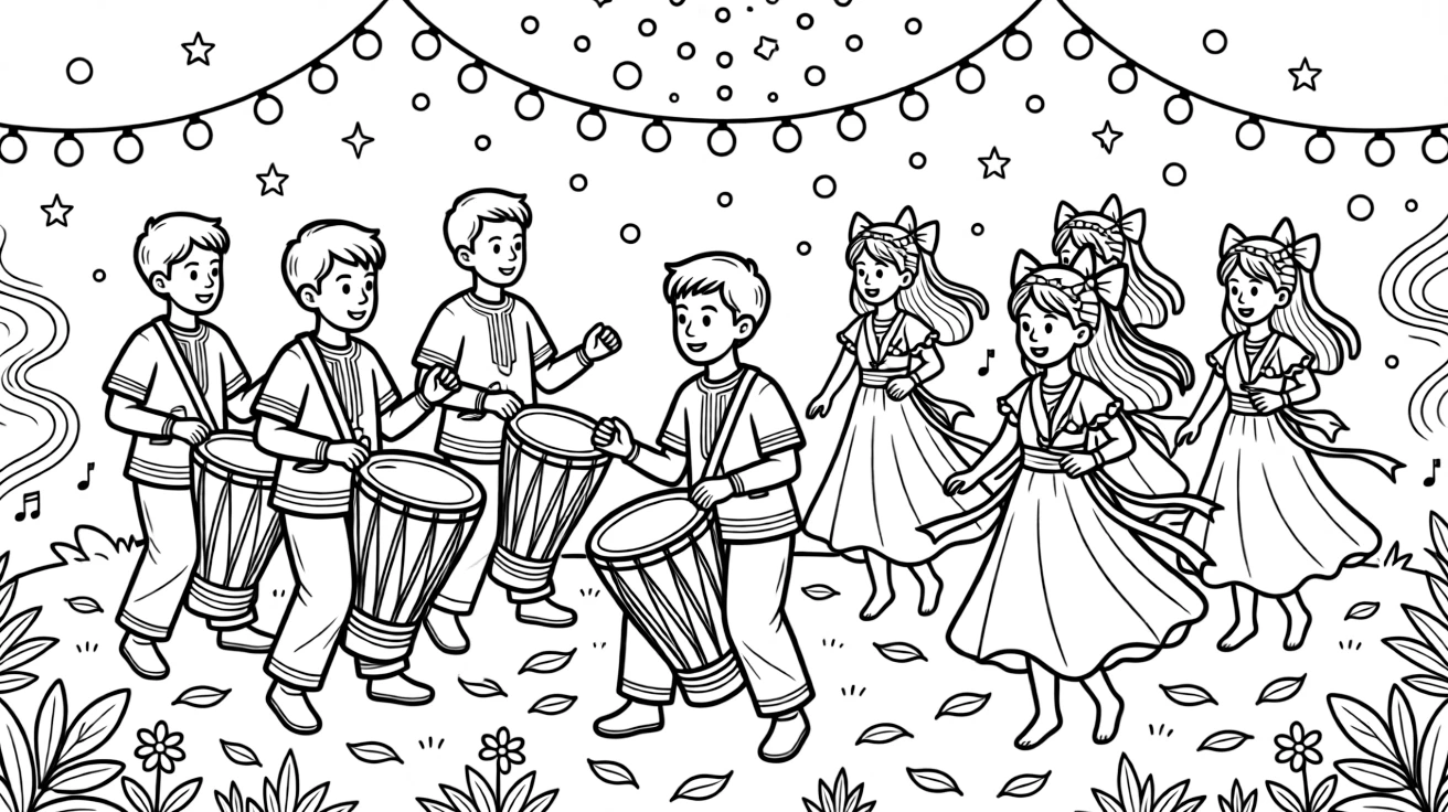 A coloring page of a lively performance in Uganda featuring drummers and dancers performing an energetic royal dance, decorated with ribbons, streamers, and twinkling string lights overhead.