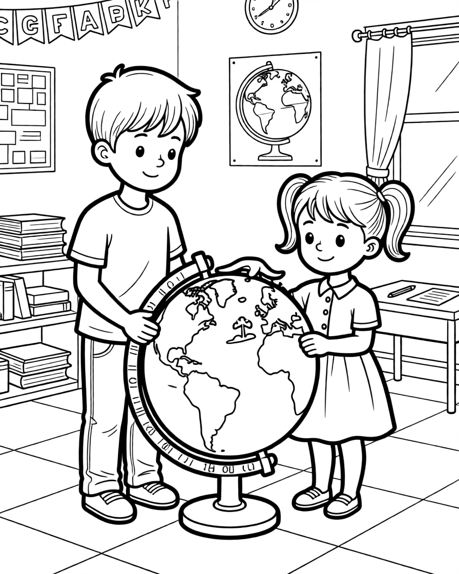 a shy older brother and his little sister spins a big classroom globe and stops it with a finger on a faraway island.