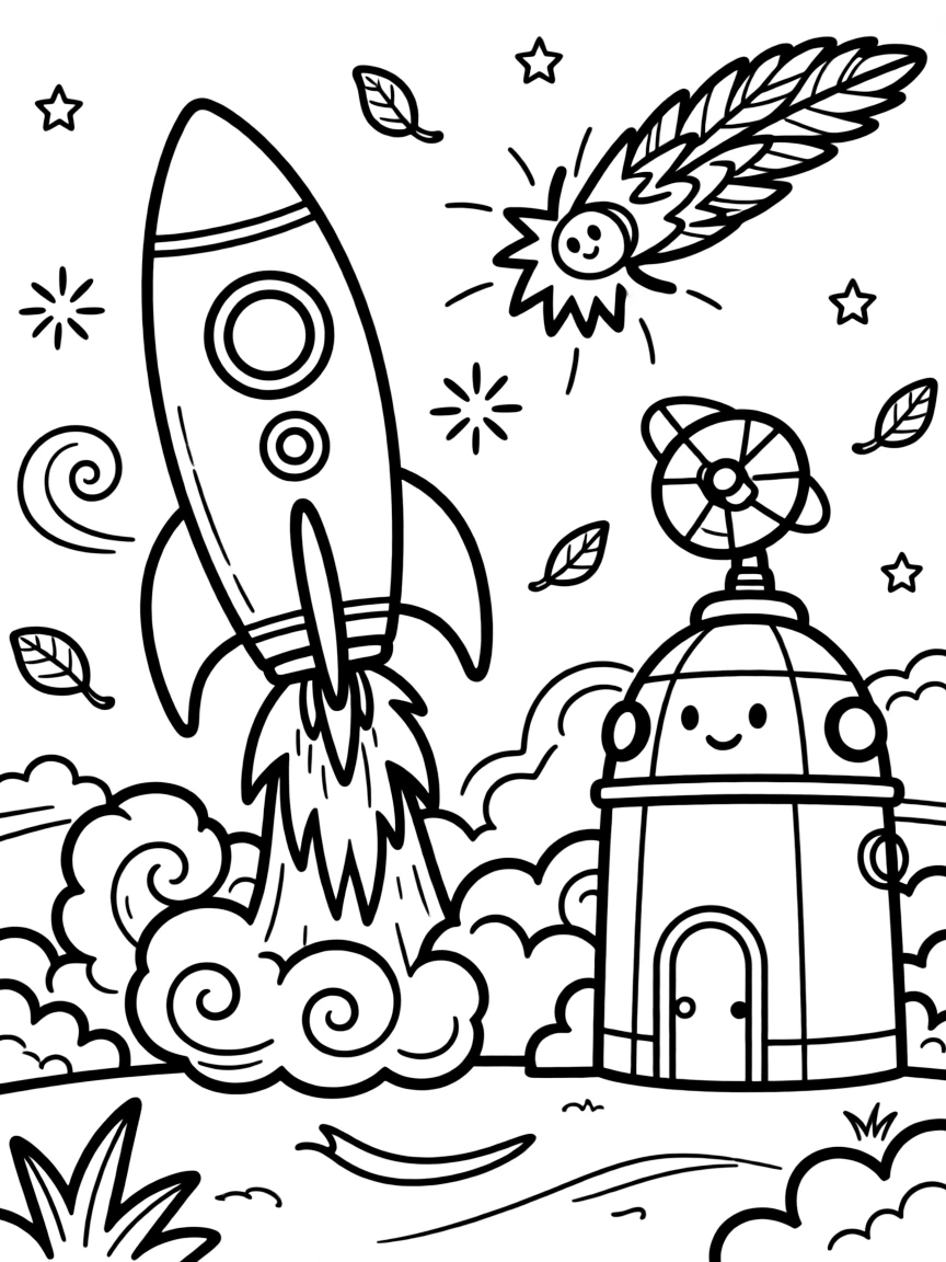 [Spaceships] A dynamic scene shows a sleek rocket ship blasting off in a cloud of fire beside a glowing space station, laughing joyfully. Close by, a comet streaks past with a glowing tail. A radar dish spins slowly on top. The moment unfolds on a crisp autumn afternoon, with dust kicked up by the wind, filled with energetic detail perfect for a young colorist.