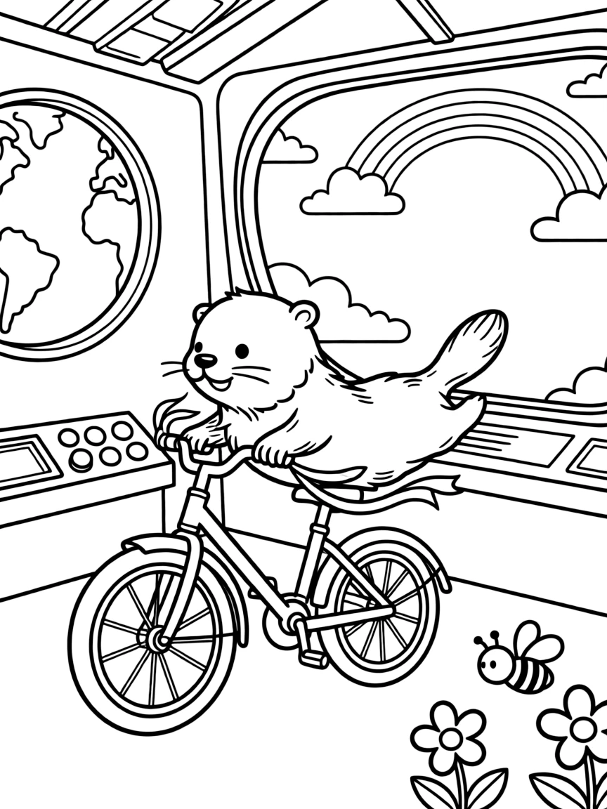 A playful otter floating on its back is riding a bicycle decorated with streamers on the handlebars inside a space station with a view of Earth. In the background, a soft rainbow arching overhead and a curious bumblebee buzzing among the blooms add a sprinkle of wonder to the moment.