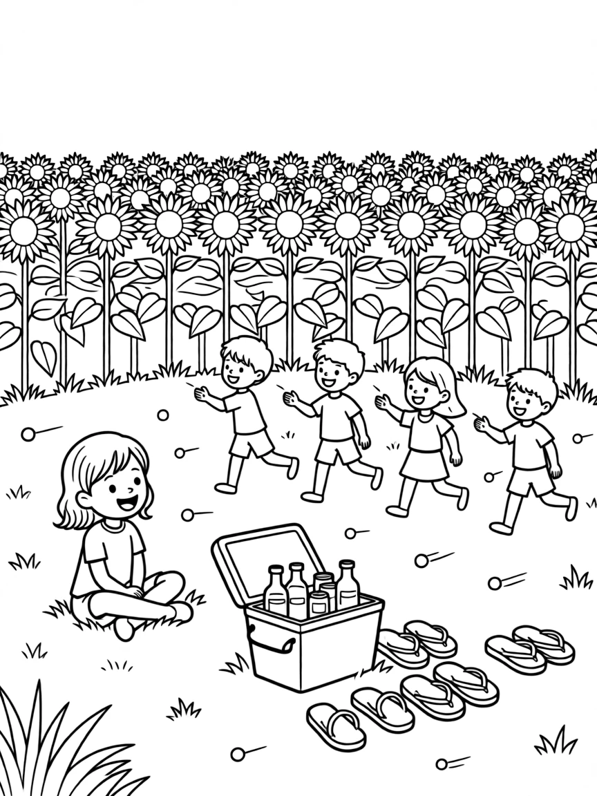 A joyful little girl sitting beside children chasing fireflies across a dark lawn in a sunflower field stretching toward the horizon, with a cooler stocked with cold drinks and a row of colorful flip-flops scattered about.