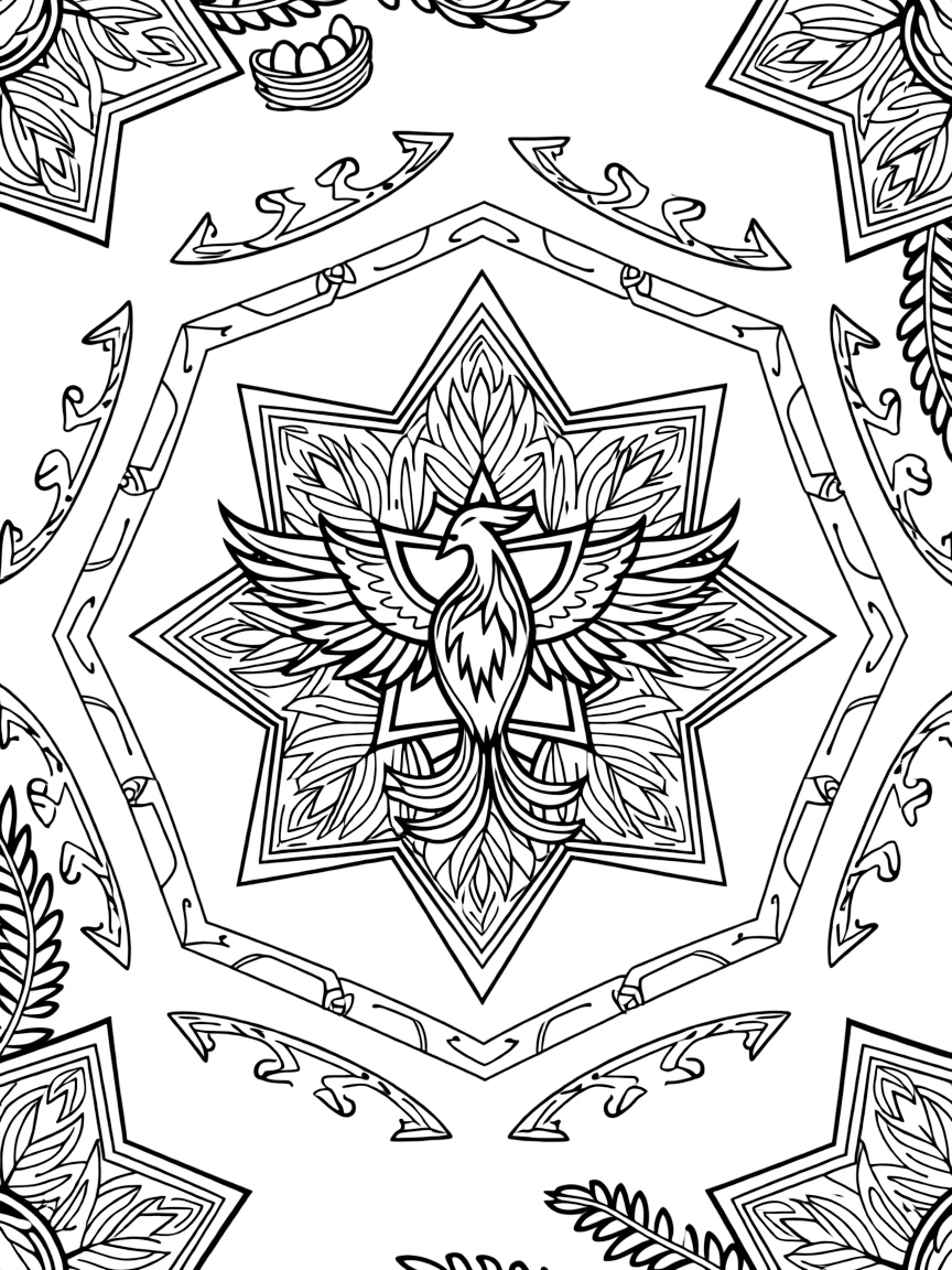 Mythical & Fantasy Creatures: The design turns a phoenix rising with wings of layered flame-shaped feathers into a kaleidoscope-style composition anchored by a hexagon-based mandala built from six matching wedges. The imagery is split into four mirrored quadrants that meet at the center, each quadrant a rotated echo of the next. Decorative details fill the surrounding space, including curling fern-frond shapes, ribbons folded into gentle zigzags, and rows of arrow-shaped chevrons woven throughout the background. A playful extra touch completes the page: a tiny nest holding three small eggs tucked into the pattern.