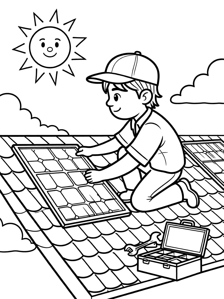 A solar roof installer bolts panels onto shingles under a bright sun.