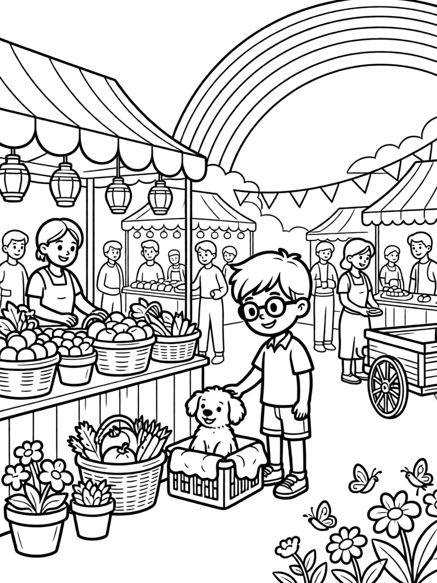 A boy with glasses picking out a new puppy to adopt at a farmers market with a rainbow arching overhead.