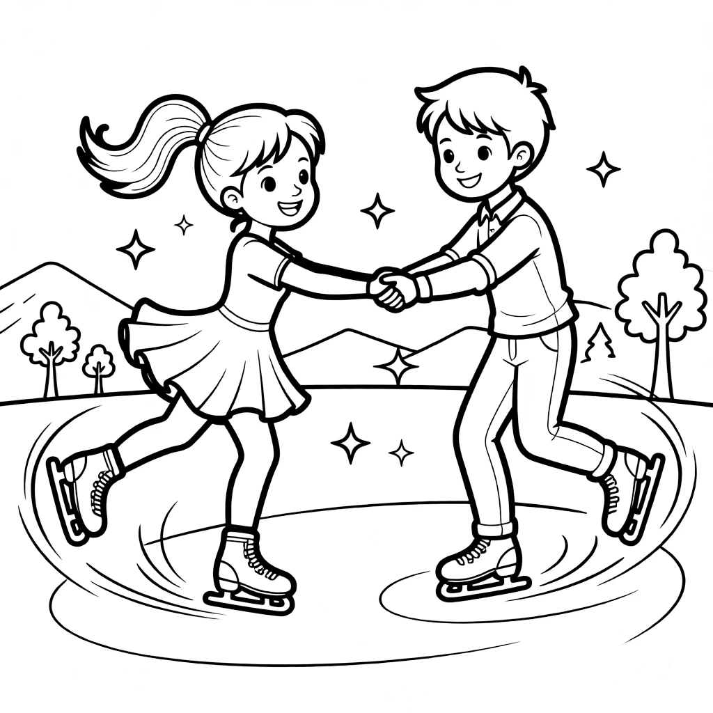 An energetic girl with a big smile, holding hands with a skating partner for a synchronized spin.