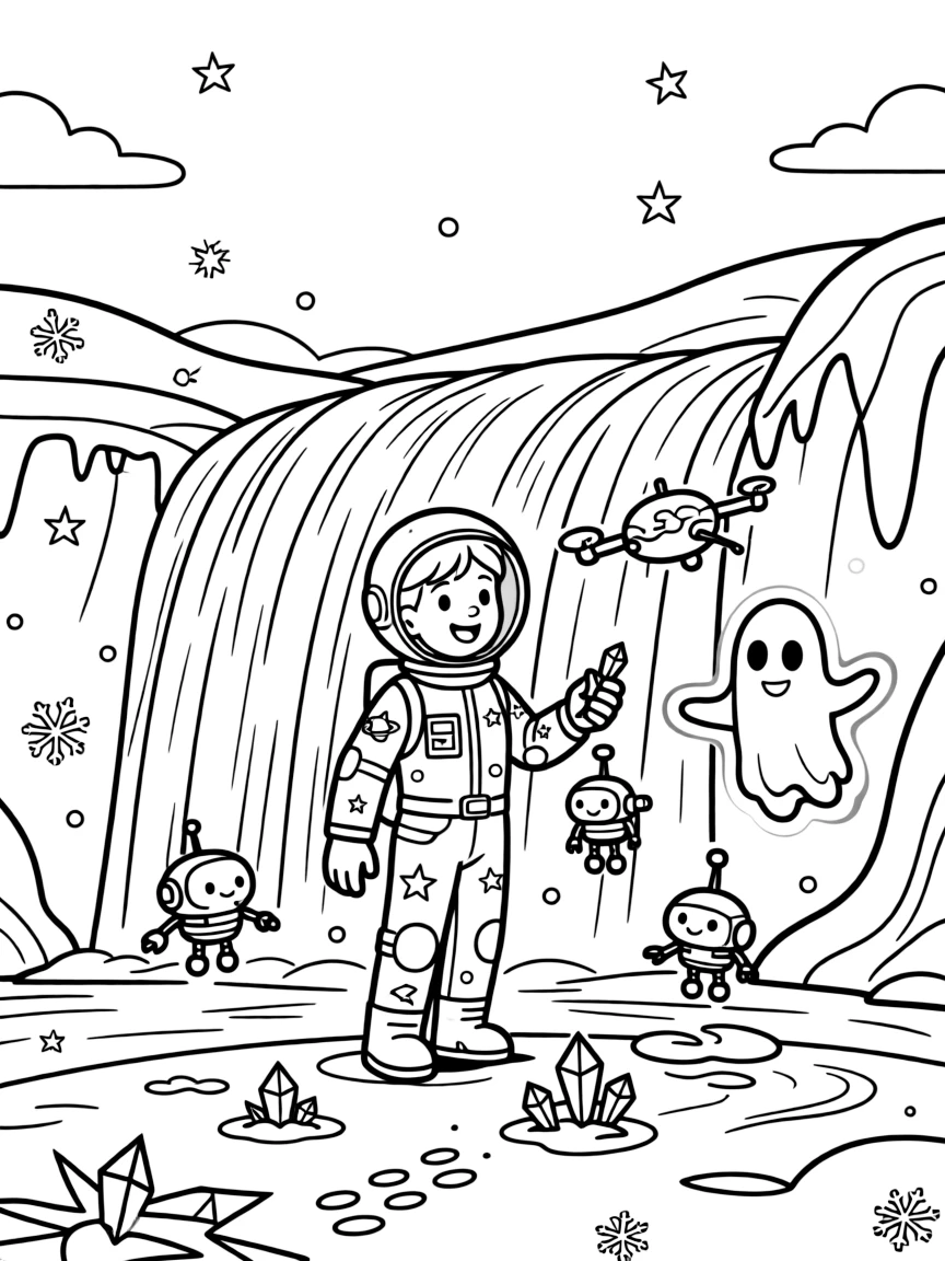 In a frozen waterfall planet with rainbow-colored ice, Star Scout Marbles, a young space explorer in a starry spacesuit harvesting solar energy crystals with a floating drone crew, while a friendly ghost-like hologram guide floating alongside adds to the excitement.