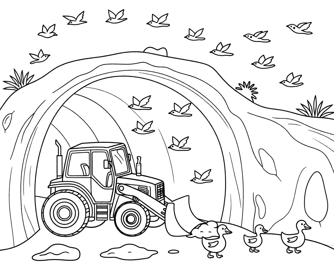 The scene captures a bright yellow bulldozer pushing a pile of dirt in the middle of a tunnel cutting through a rocky mountainside, with a family of ducks waddling alongside nearby and a flock of birds flying alongside in formation sprinkled around for extra fun.