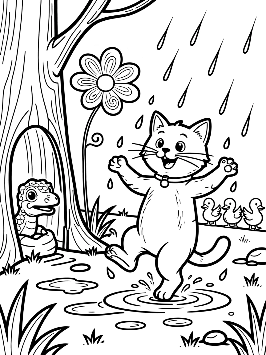 A barn cat dancing in the rain with a T-Rex hatchling inside a hollow tree trunk, near a magical glowing flower, with a family of ducklings following behind.