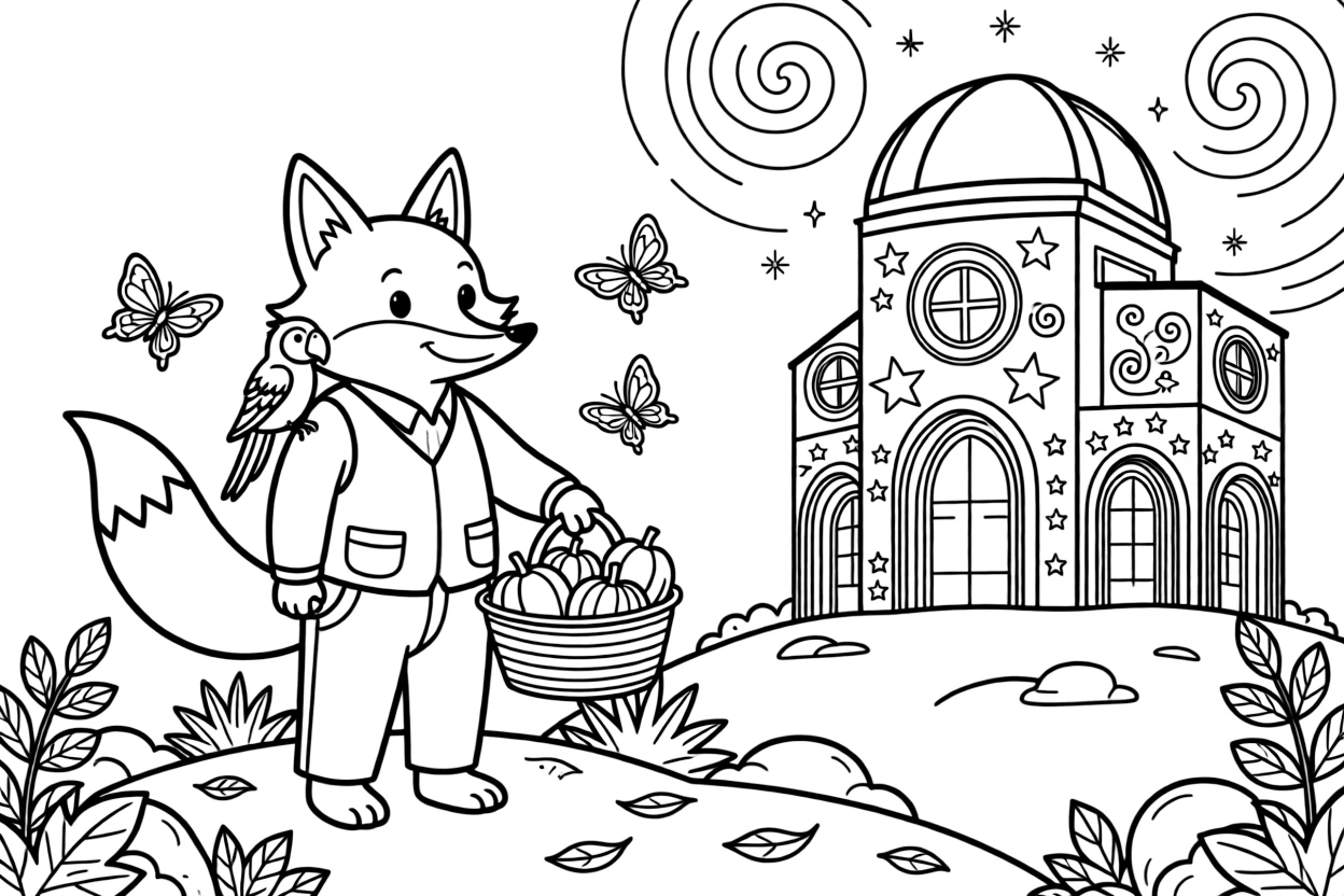 A giant puppet theater fox is gathering pumpkins for a harvest festival float at a mountaintop observatory under a swirl of stars, joined by a chatty parrot perched on one shoulder and a rainbow of butterflies fluttering by. It's shaping up to be the happiest day in the whole kingdom.