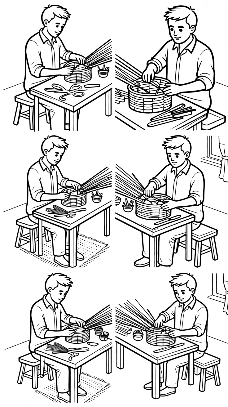 A coloring page of a craftsman weaving a basket from dried papyrus reeds in Uganda, shown step by step with helpful hands and a workshop table full of materials.